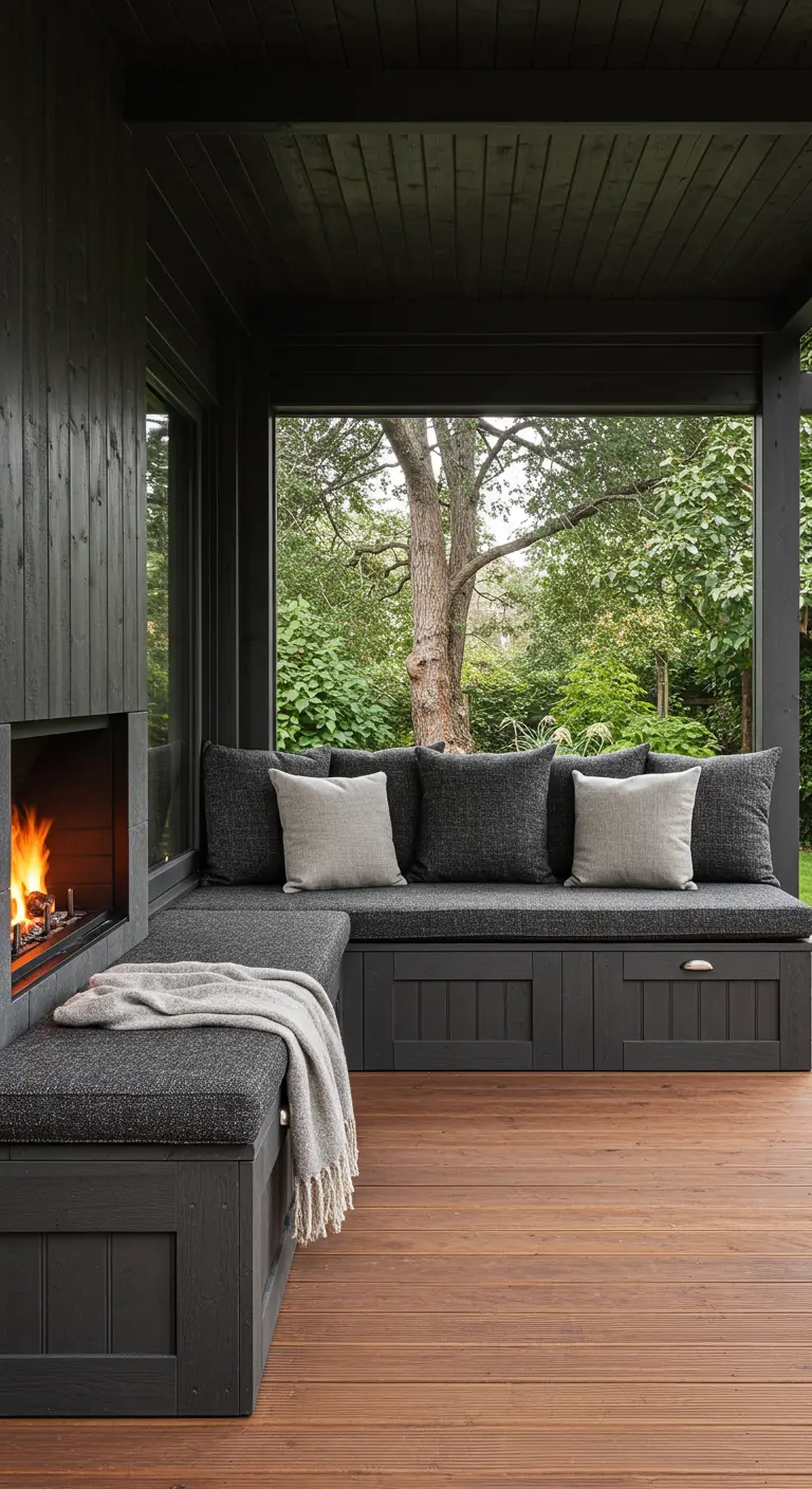 Banquette gris foncé avec rangements, cheminée et plaid douillet sur une terrasse couverte.