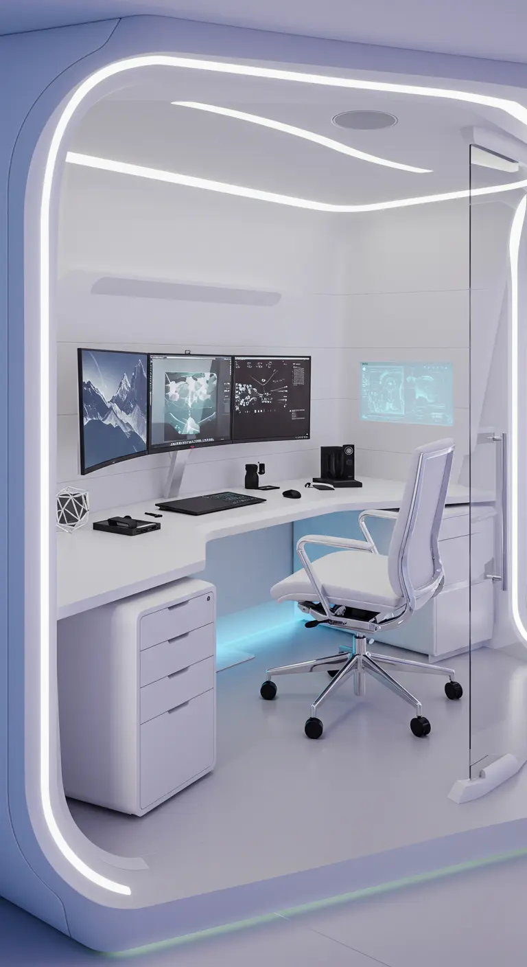 Bureau futuriste blanc avec éclairage LED intégré et multiples écrans