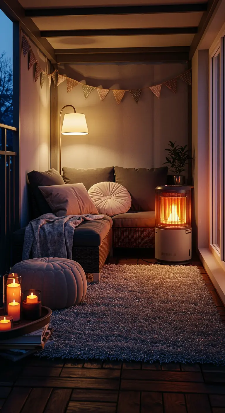 Balcon fermé et cosy avec canapé, tapis épais et chauffage d'appoint.