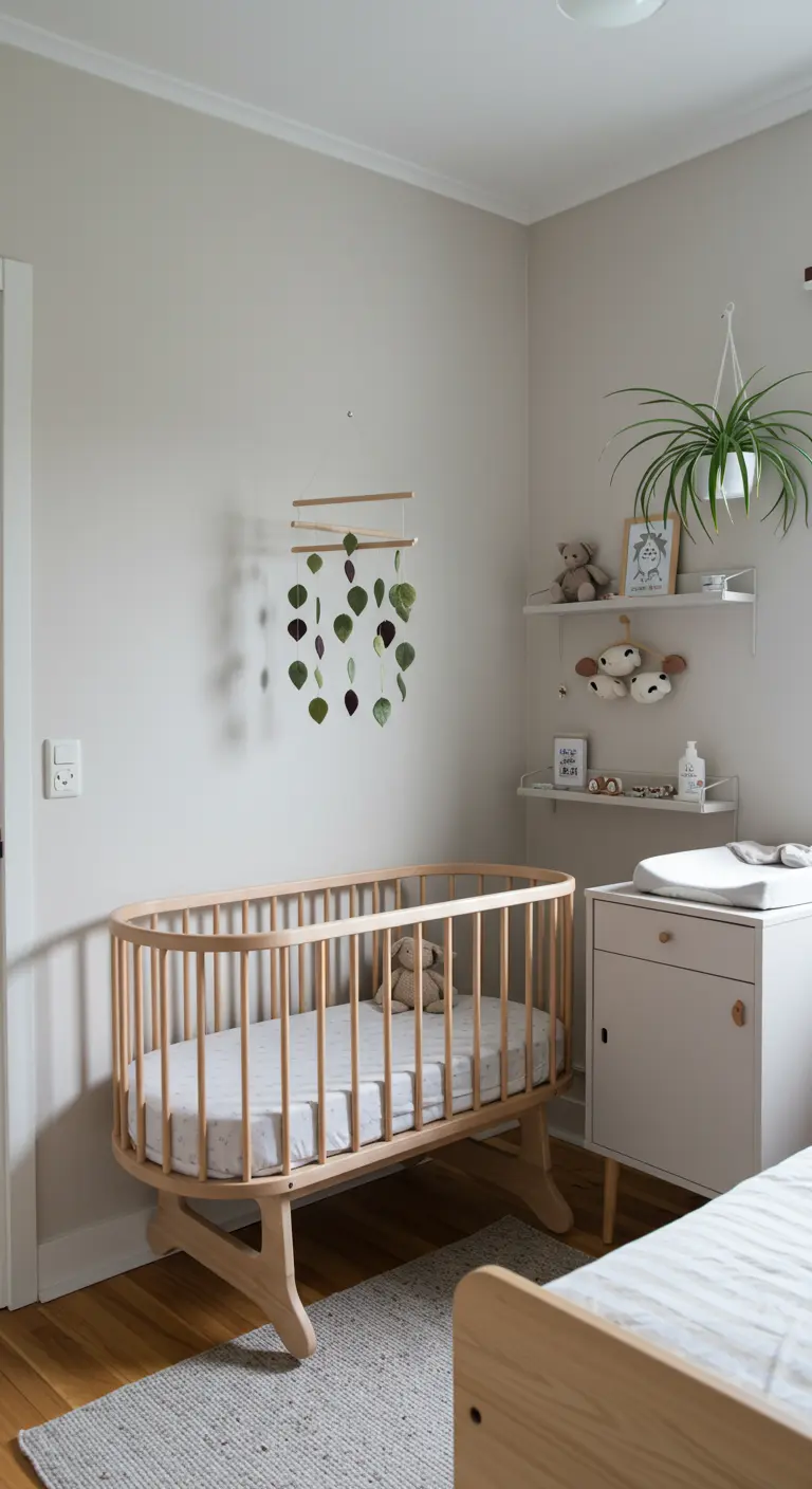 Chambre de bébé de style scandinave avec berceau en bois et mobile végétal.