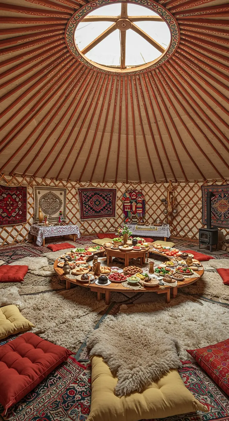 Intérieur d'une yourte avec tapis superposés, coussins et table de repas basse.
