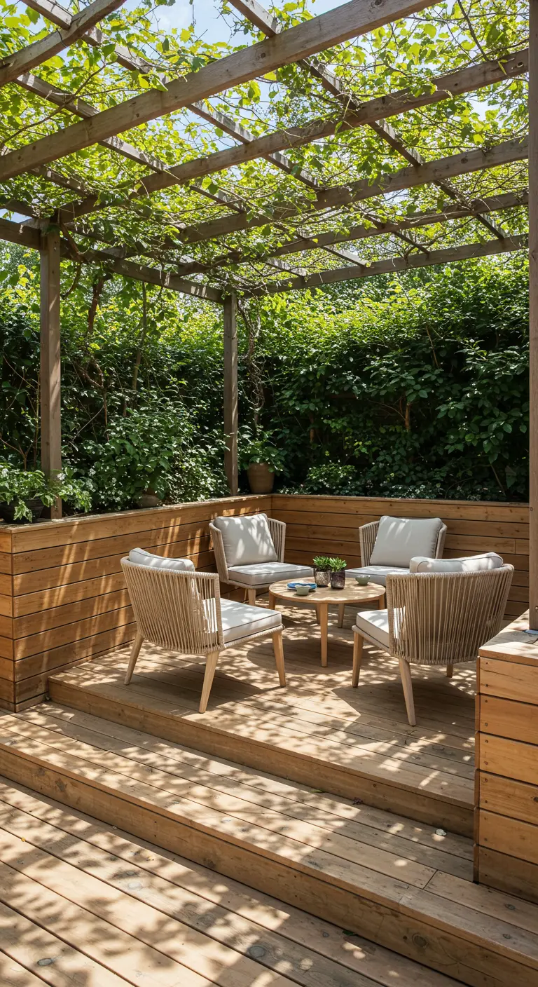 Salon de jardin avec quatre fauteuils en bois clair et corde tressée avec coussins blancs, une table basse, sous une pergola végétalisée en bois.