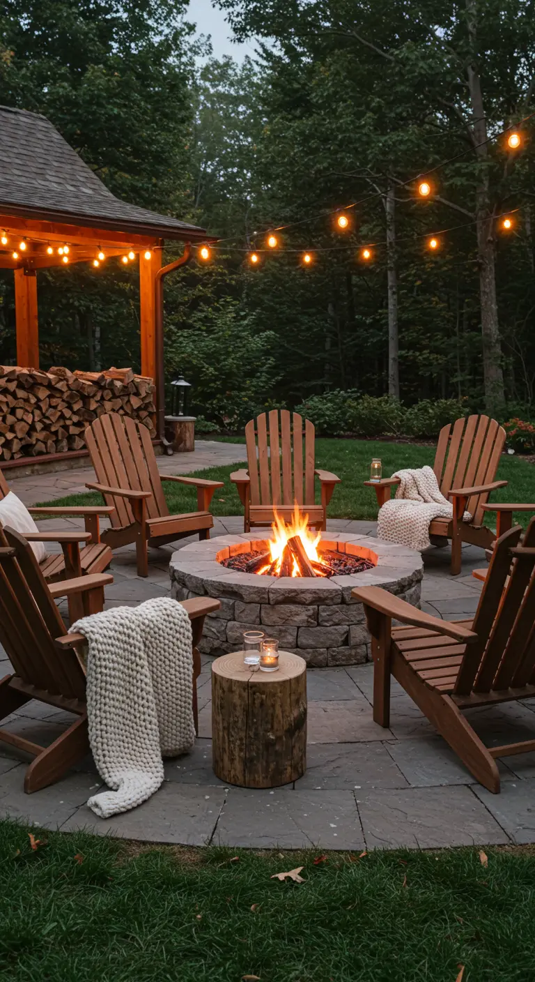 Coin feu rustique avec fauteuils Adirondack en bois, guirlandes lumineuses et plaids
