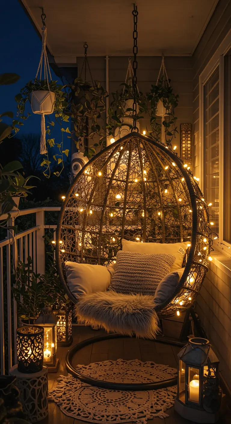 Un fauteuil œuf suspendu enveloppé de nombreuses guirlandes lumineuses, créant un cocon de lumière.