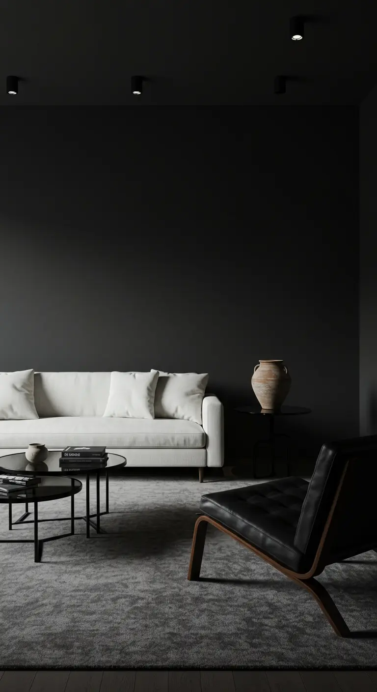 Salon intime avec des murs gris anthracite, un canapé blanc et un fauteuil en cuir noir.