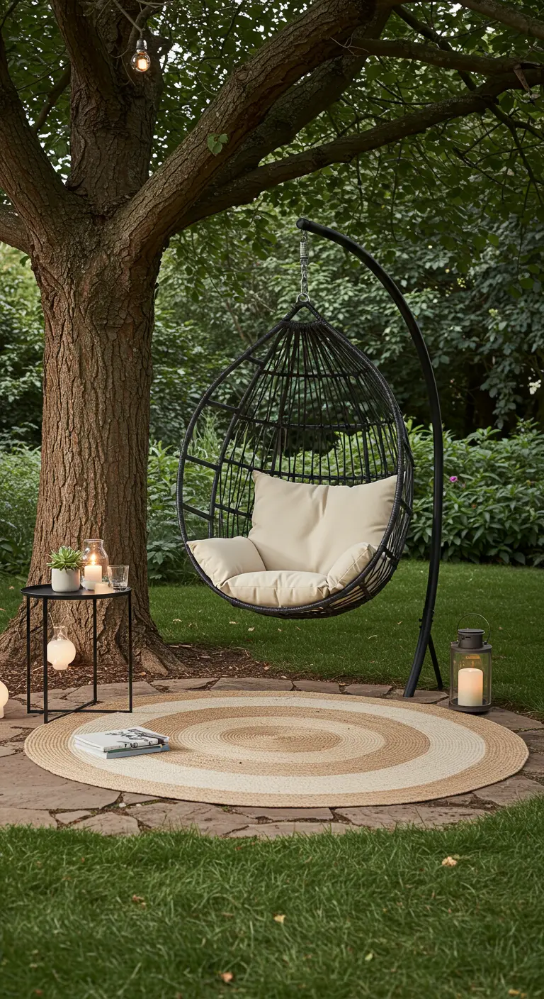 Fauteuil suspendu noir avec coussin écru sous un arbre, sur un tapis rond en jute.