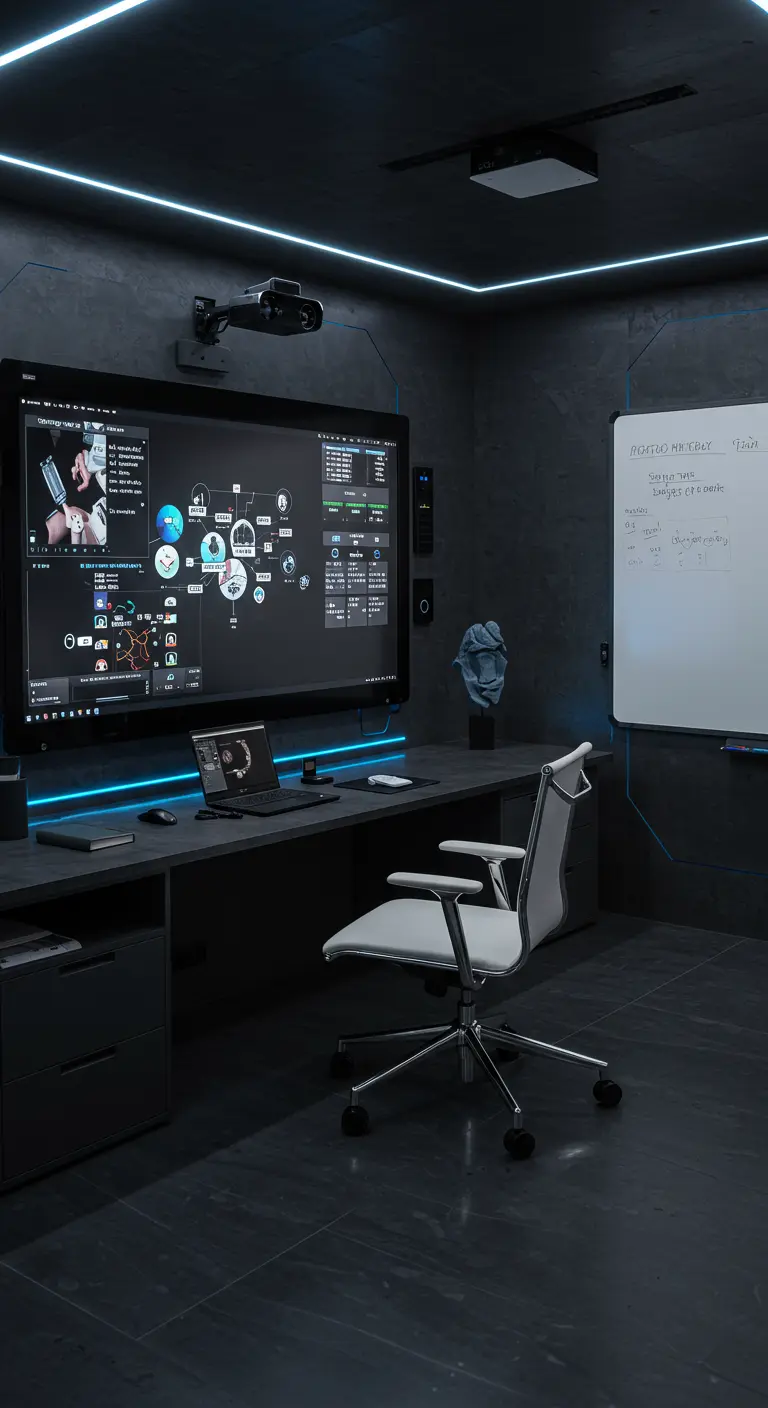 Bureau hi-tech sombre avec grand écran mural, néons bleus et mobilier moderne