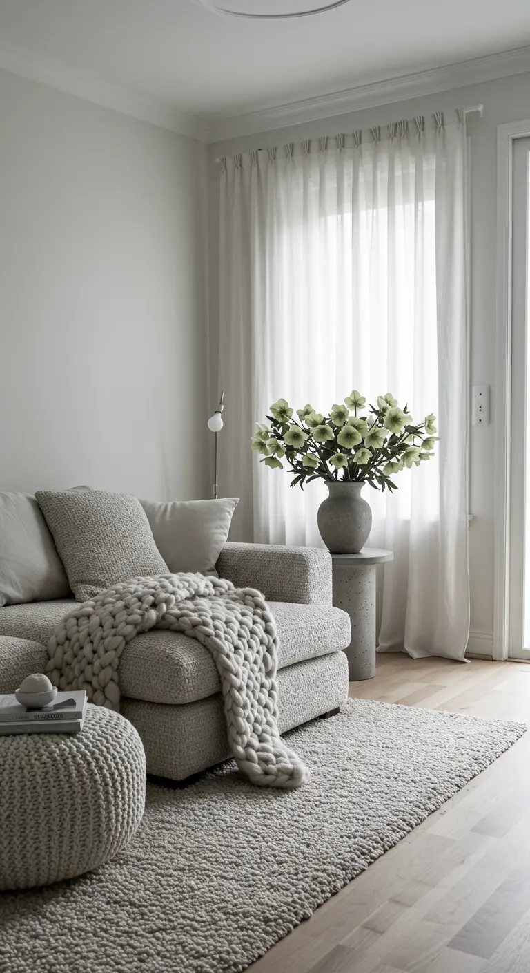 Salon gris clair avec canapé en bouclette et un grand plaid en grosse maille
