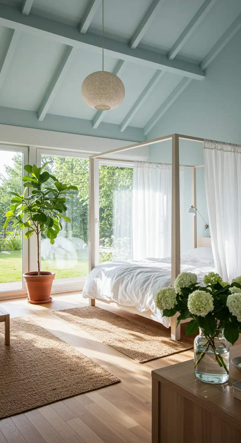 Chambre d'été lumineuse avec lit à baldaquin et grande plante, prête pour la transformation hivernale.