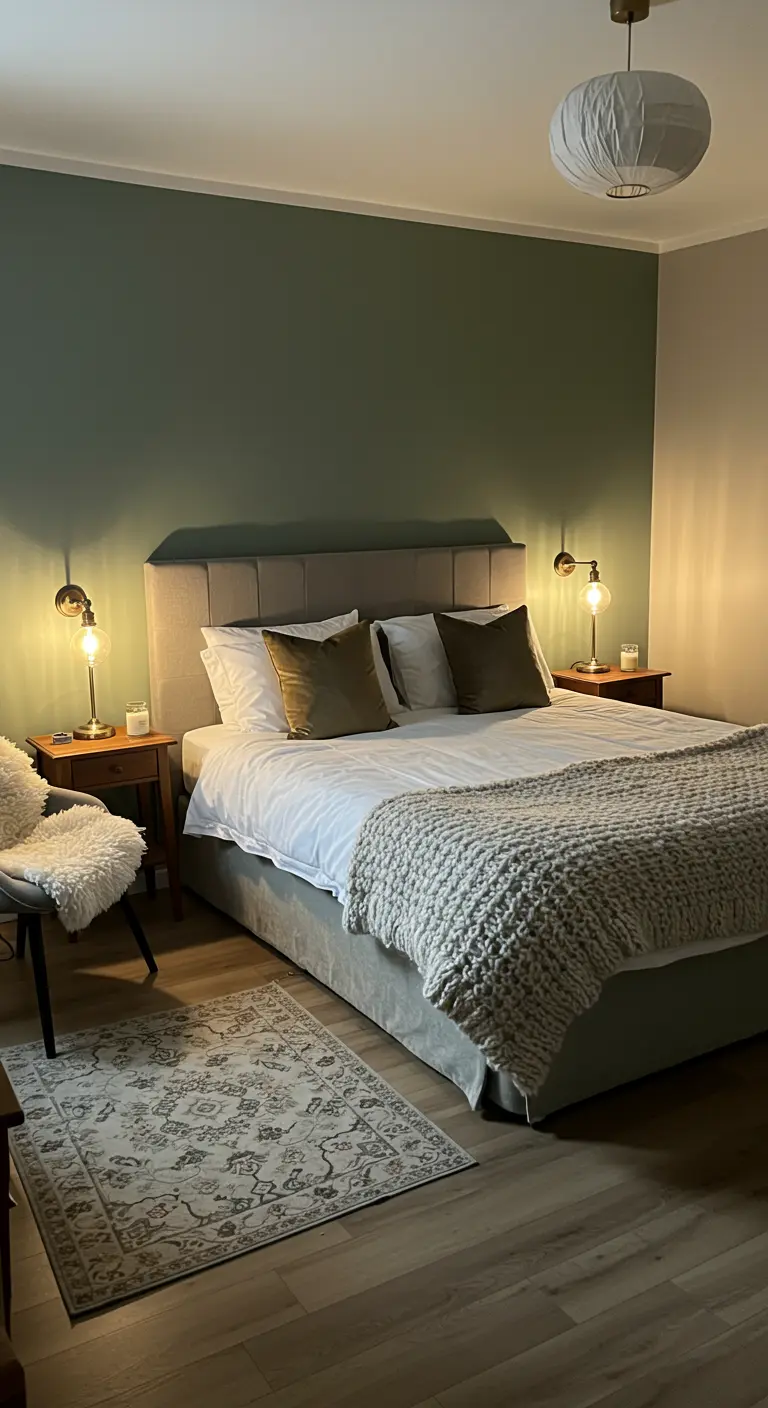 Chambre avec mur d'accent vert, lit beige, plaid et appliques dorées