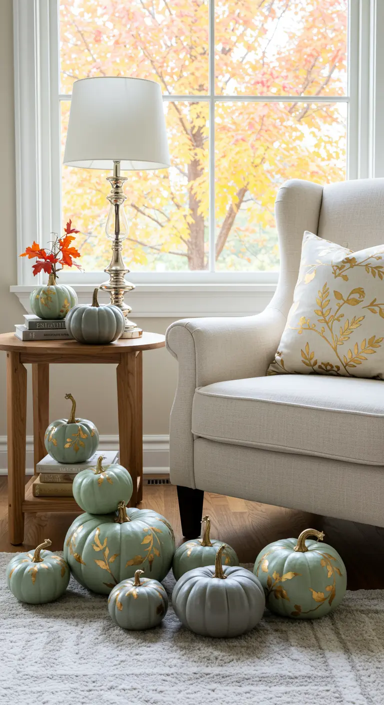 Coin salon avec des citrouilles vert sauge de différentes tailles, ornées de motifs de feuilles dorées.