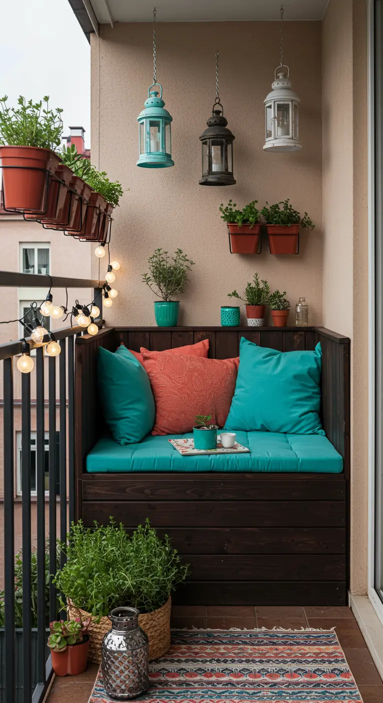 Petite banquette en bois foncé sur un balcon, coussins turquoise et orange, lanternes suspendues.