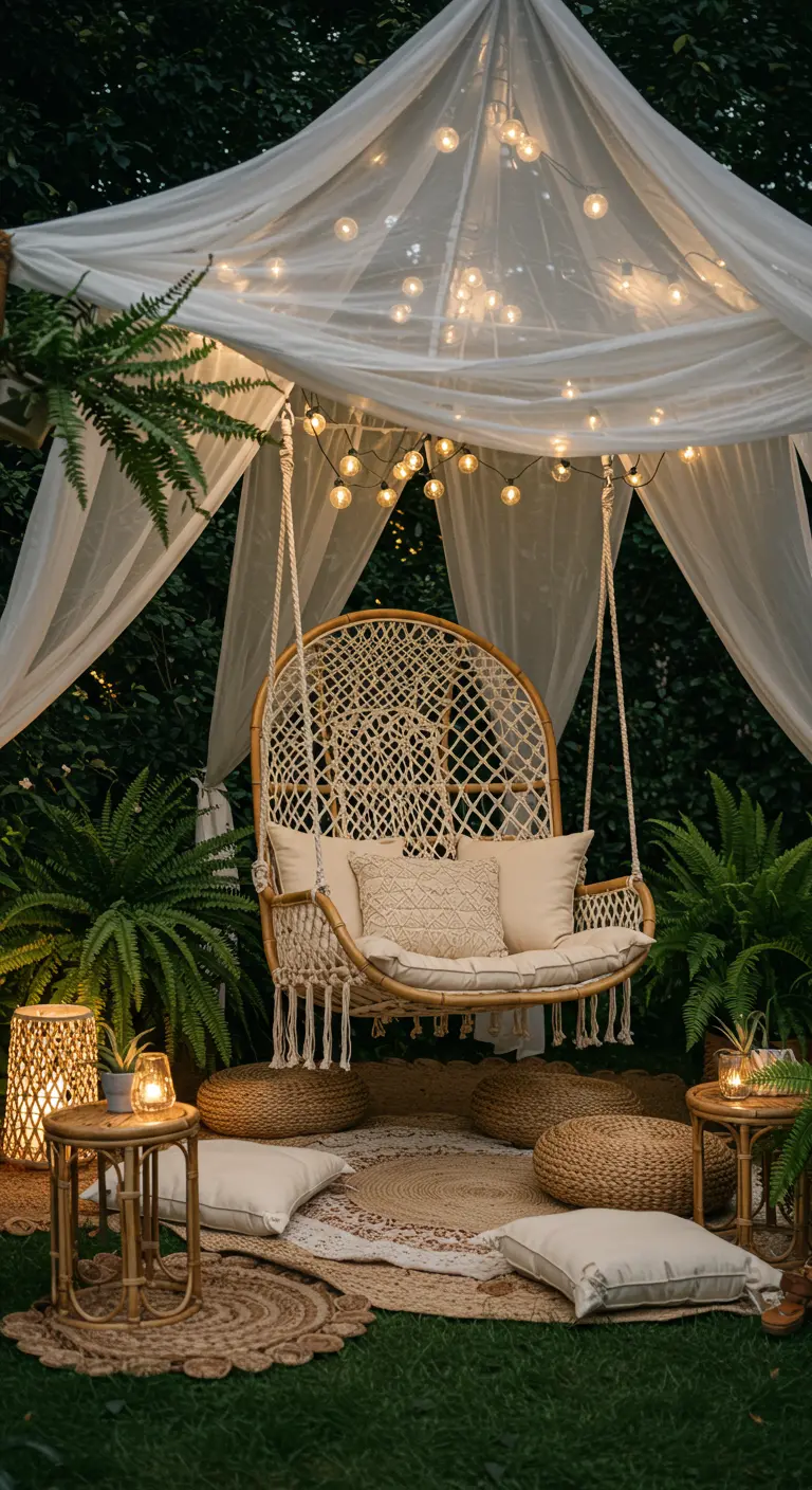 Balancelle suspendue en rotin sous baldaquin lumineux, tapis de jute, coussins et fougères luxuriantes.