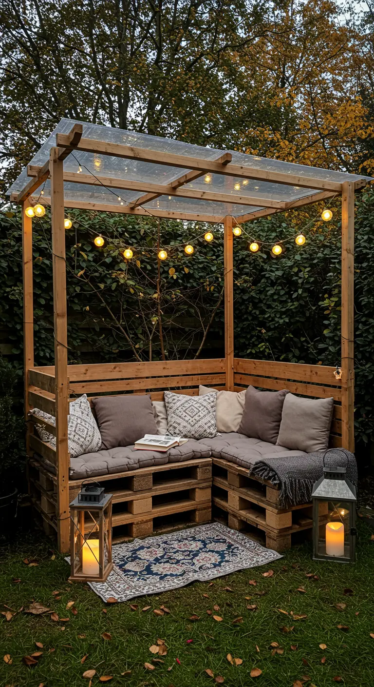Salon de jardin en palettes sous pergola transparente, coussins neutres et lanternes.