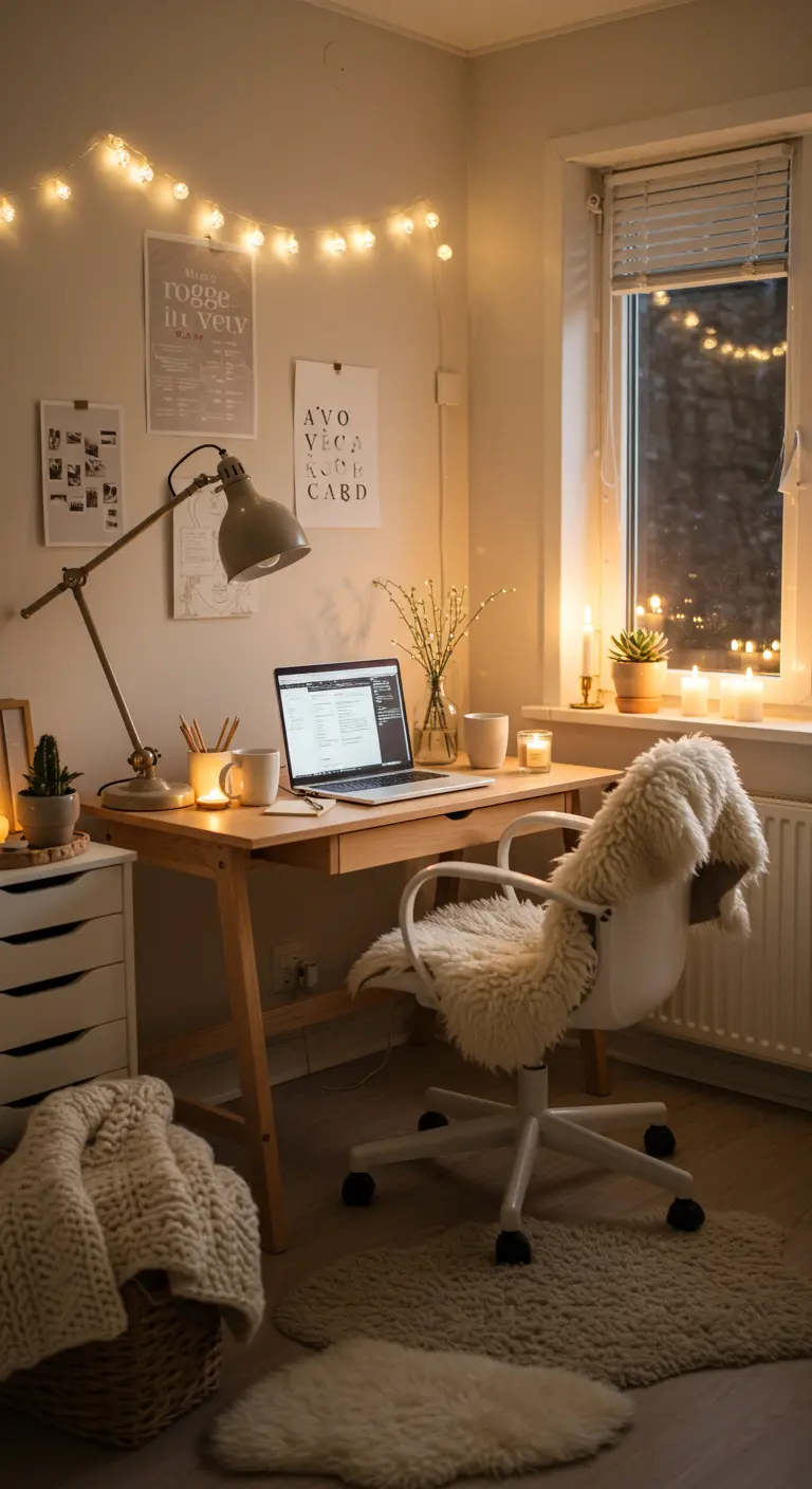 Bureau cosy et chaleureux avec guirlandes lumineuses, plaid en fausse fourrure et bougies.
