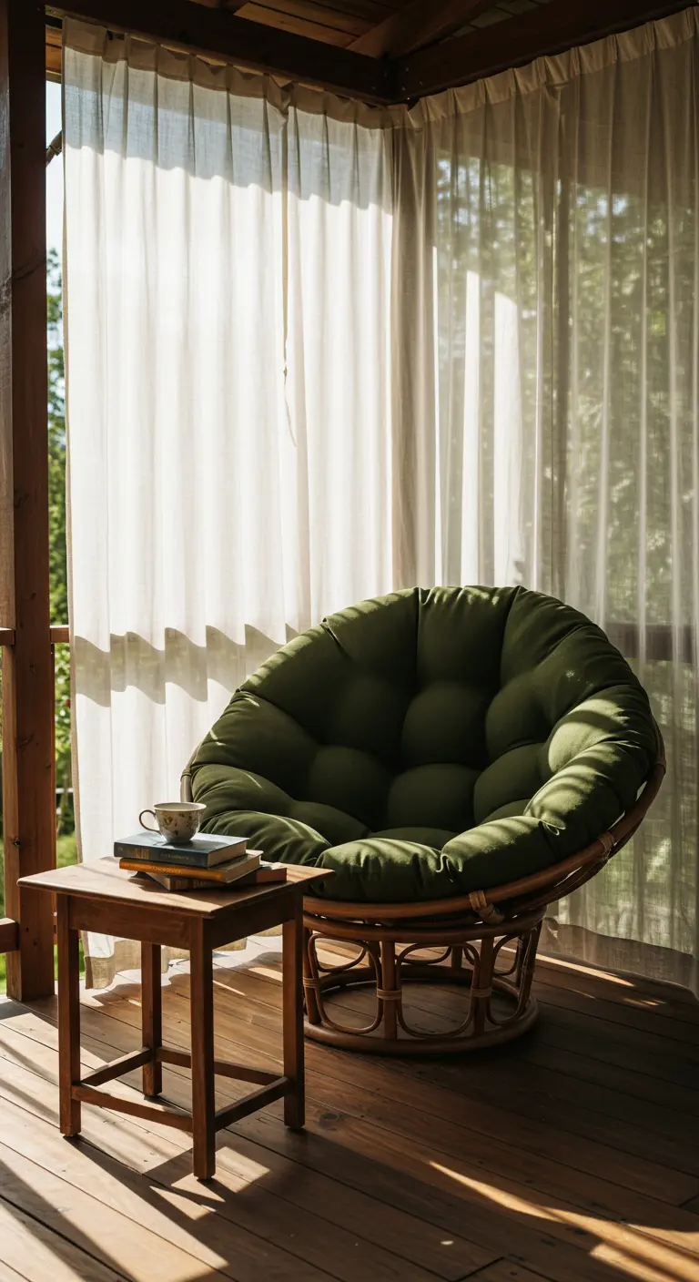Fauteuil papasan vert olive sur un porche en bois avec rideaux blancs et table d'appoint.