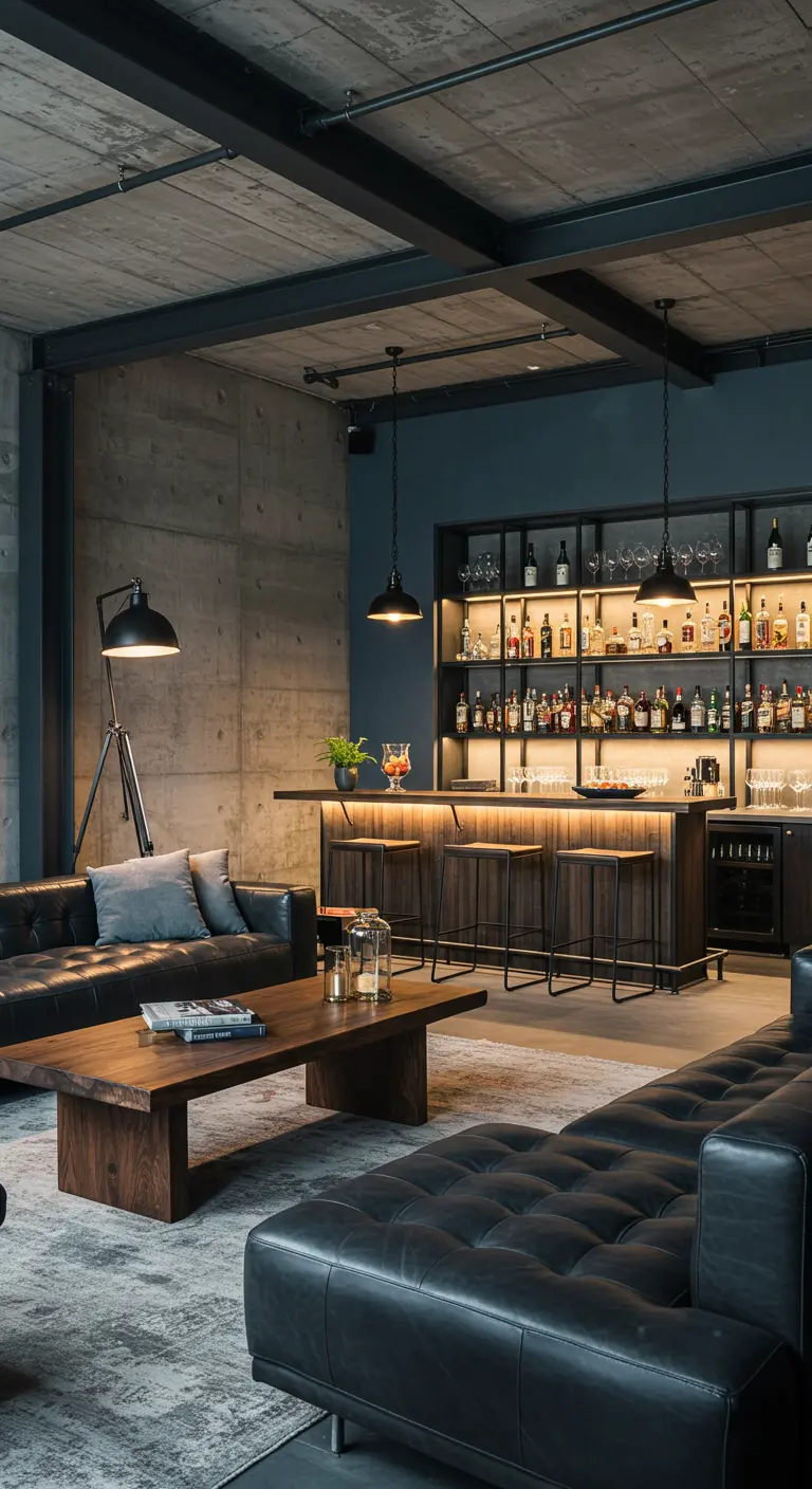 Salon industriel avec mur en béton, canapé en cuir, table basse en bois et bar intégré avec étagères et lumières.