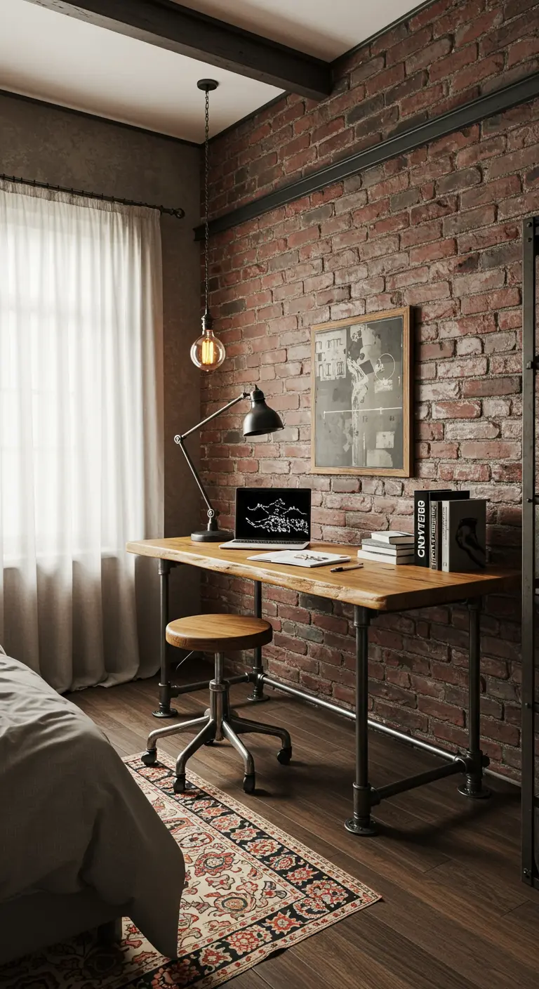 Bureau de style industriel avec des pieds en métal, devant un mur de briques rouges.