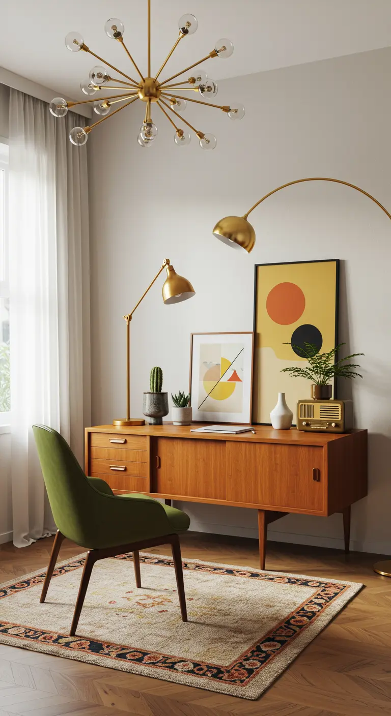 Coin bureau Mid-Century Modern avec console en bois, chaise verte et œuvres d'art abstraites.