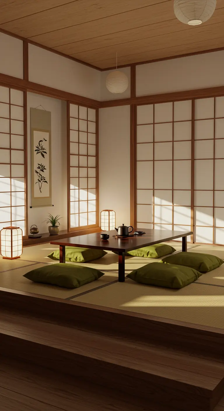 Salon de thé japonais avec estrade en tatami, table basse, coussins verts et écrans Shoji.