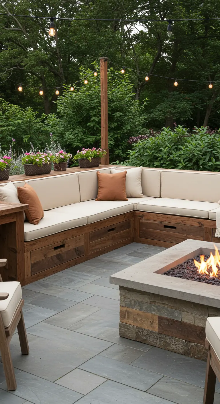 Banquette d'angle en bois avec tiroirs de rangement et foyer extérieur, entourée de verdure.