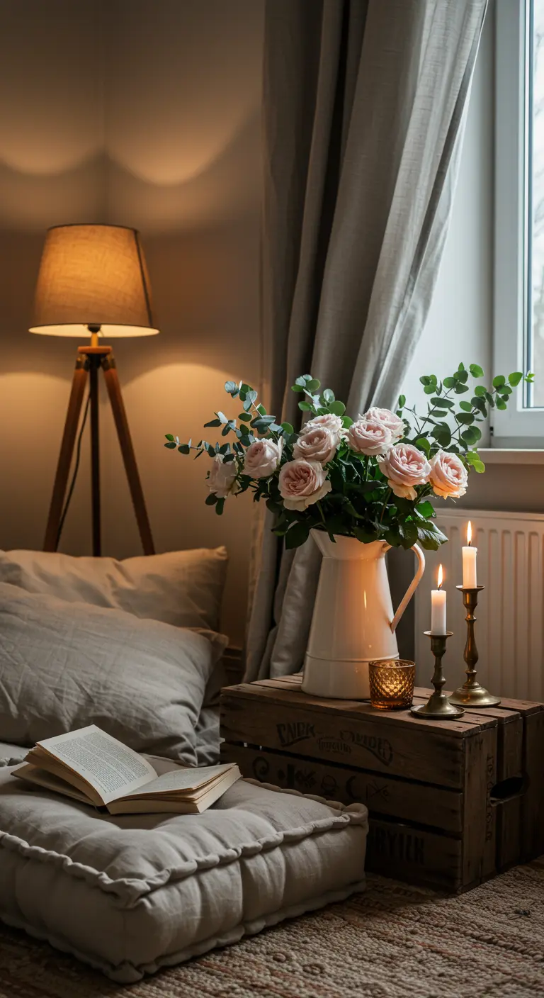 Bouquet de roses dans un pichet sur une caisse en bois à côté d'un lit.