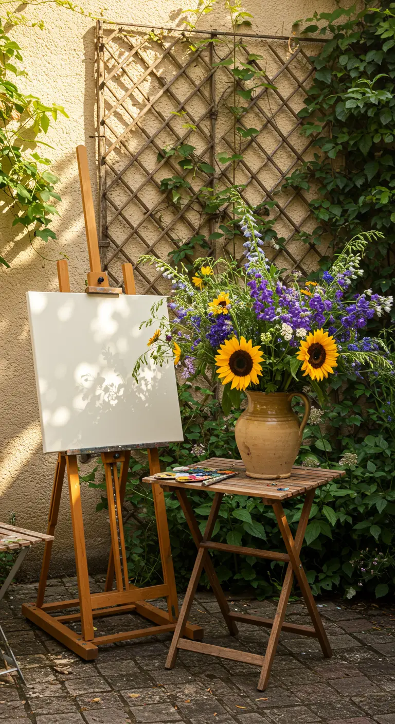 Chevalet d'artiste avec une toile vierge à côté d'un vase de tournesols.
