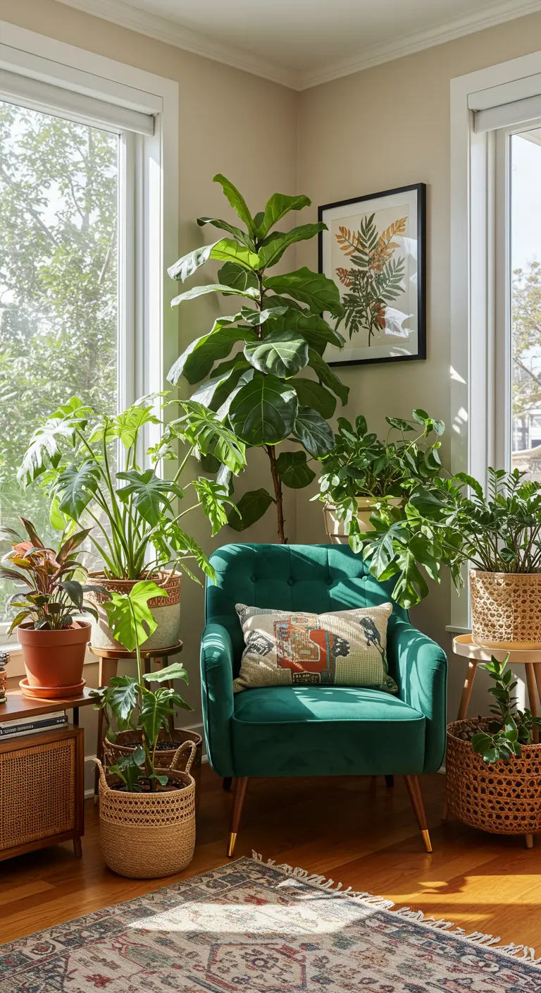 Coin lecture verdoyant avec grand Ficus lyrata, plantes variées et fauteuil vert.