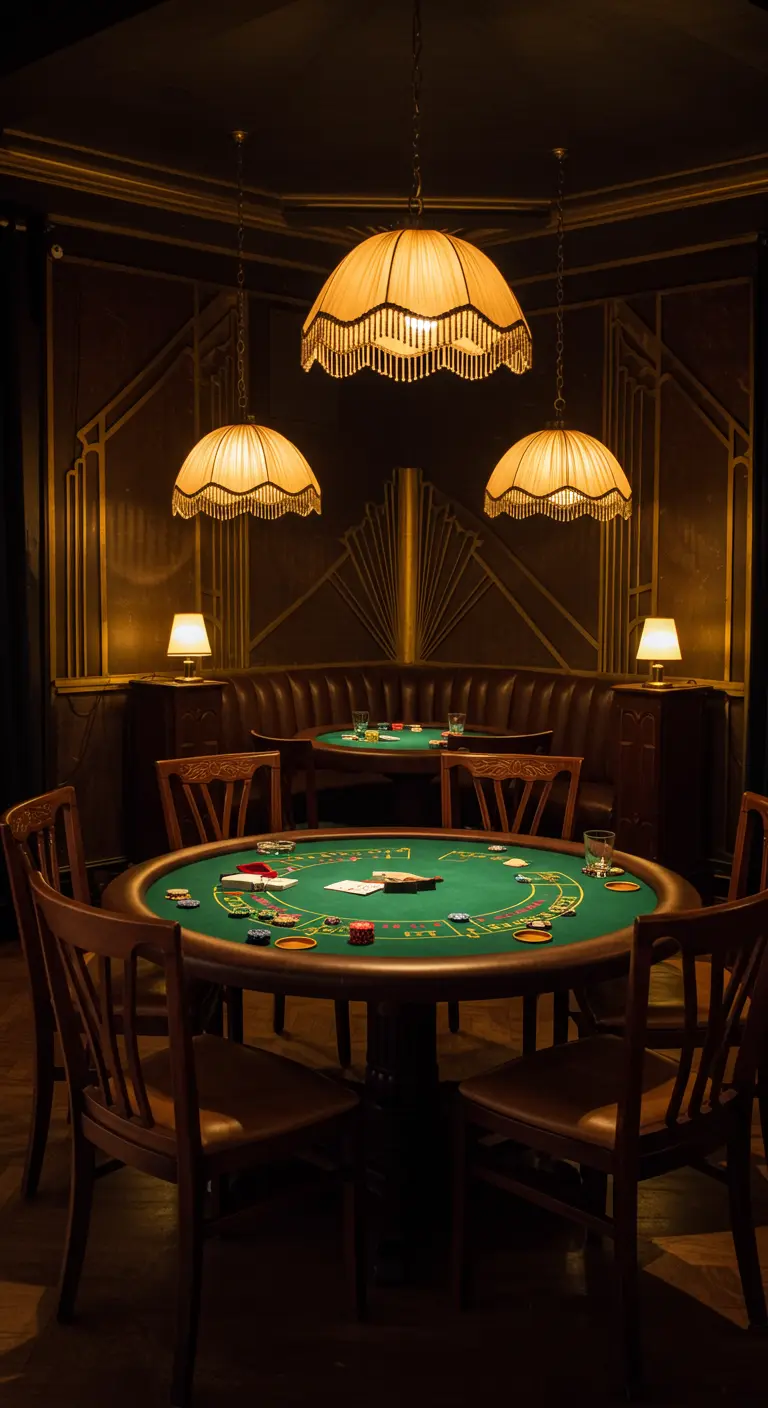 Une table de poker dans une pièce sombre avec des lampes suspendues de style vintage.