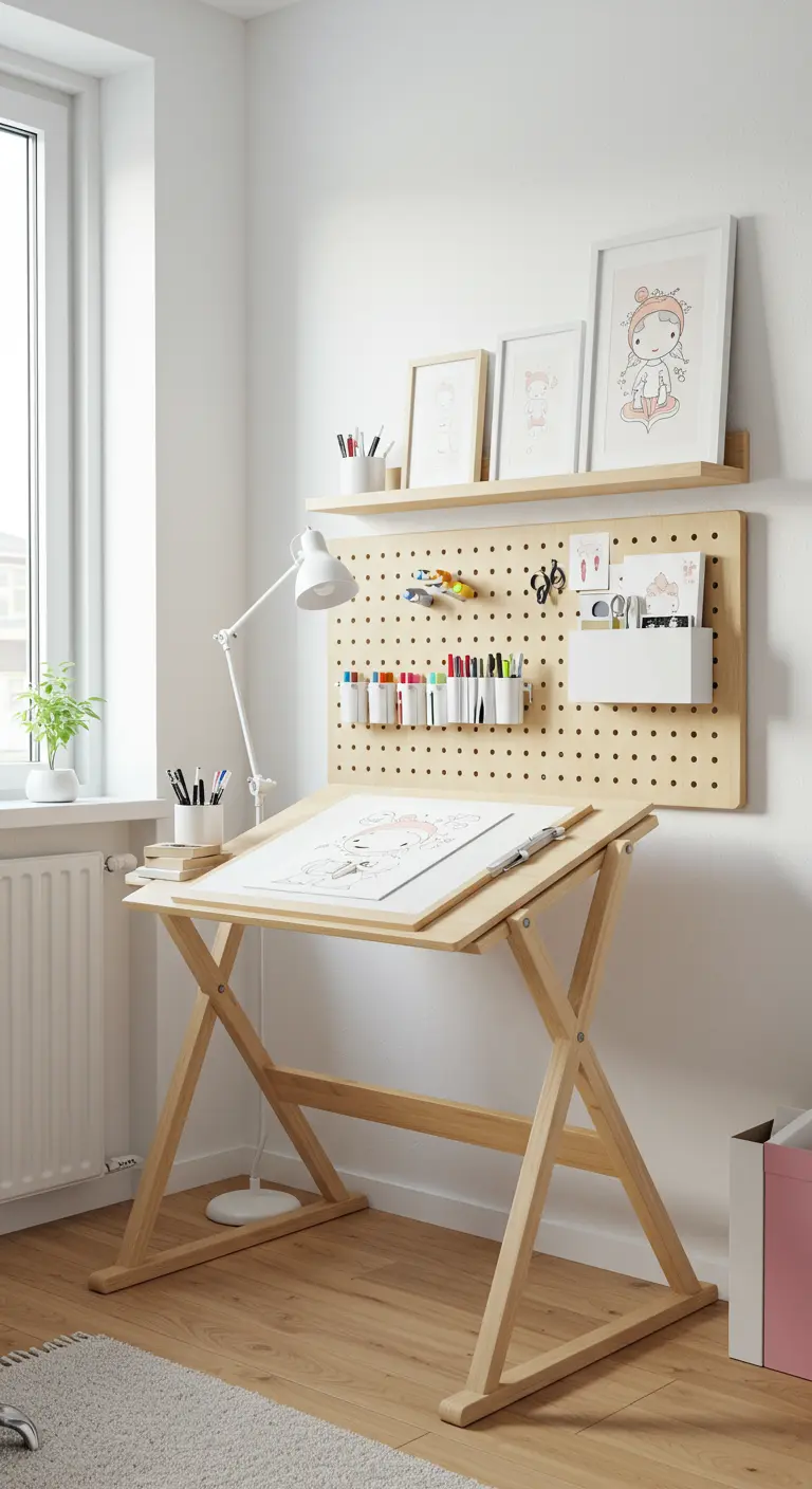 Bureau de dessin en bois clair avec un panneau perforé mural pour ranger les fournitures.