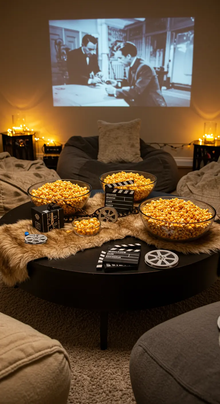 Coin cinéma à la maison avec poufs, plaid en fausse fourrure et projection de film.