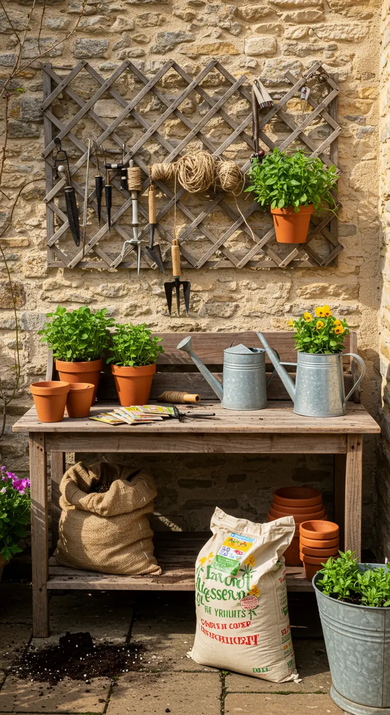 Établi de jardinage en bois avec outils suspendus et pots d'herbes.