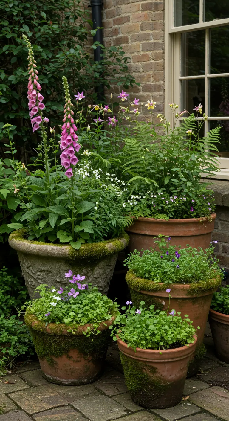 Pots couverts de mousse avec des digitales roses, des fougères et des violettes.