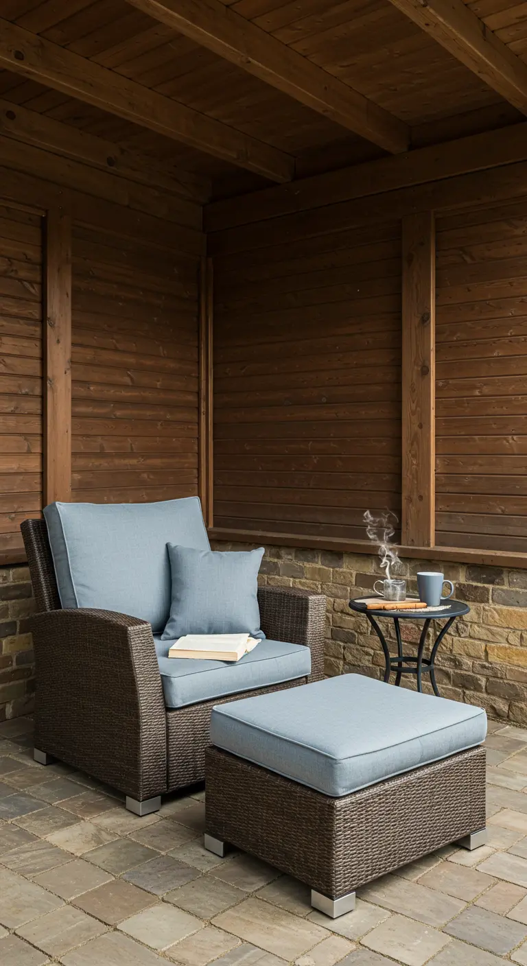 Fauteuil en rotin foncé avec repose-pieds et coussins bleu-gris, installé dans un coin abrité en bois.