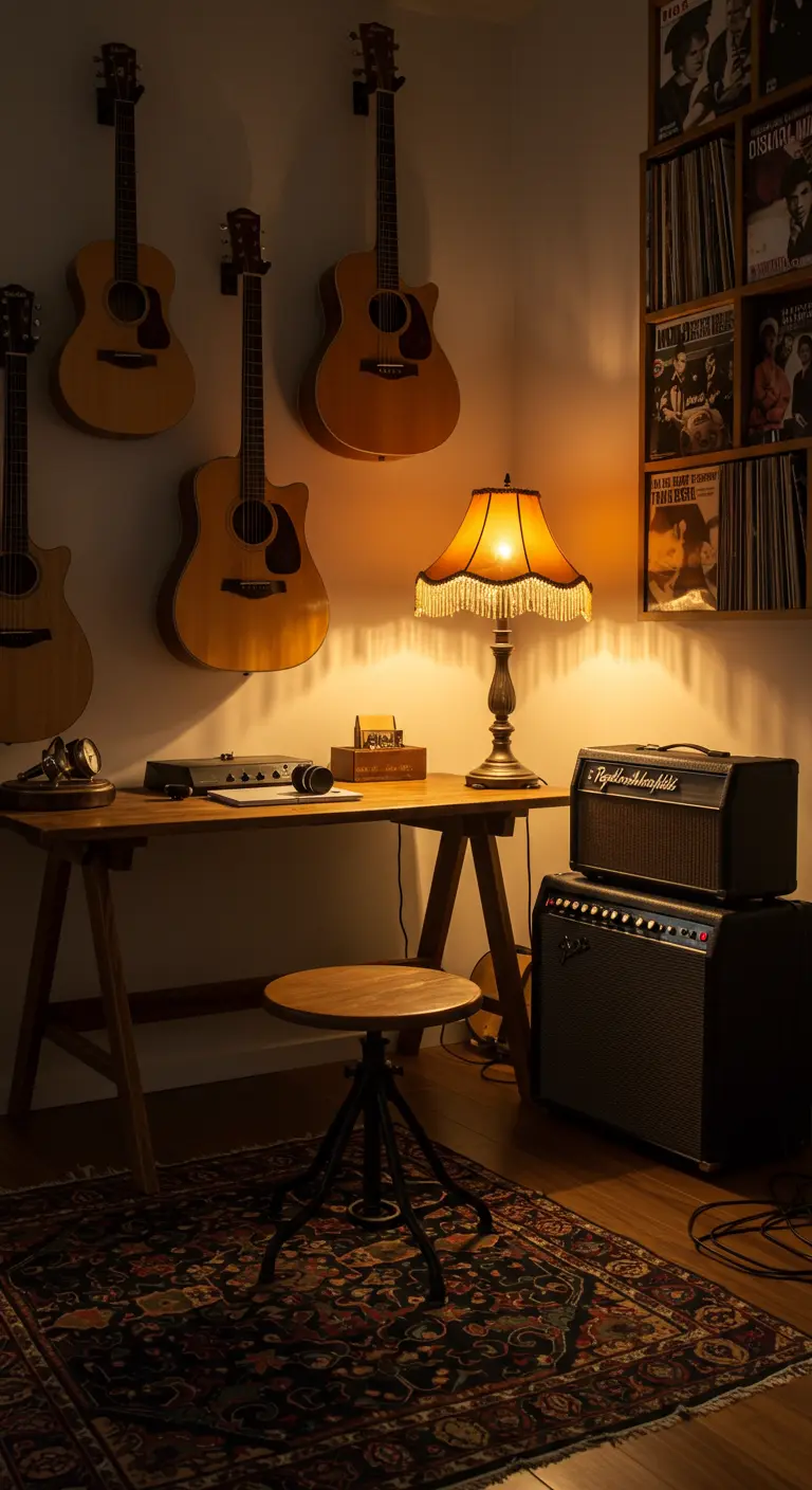 Coin bureau et musique avec des guitares au mur et une lampe à franges.