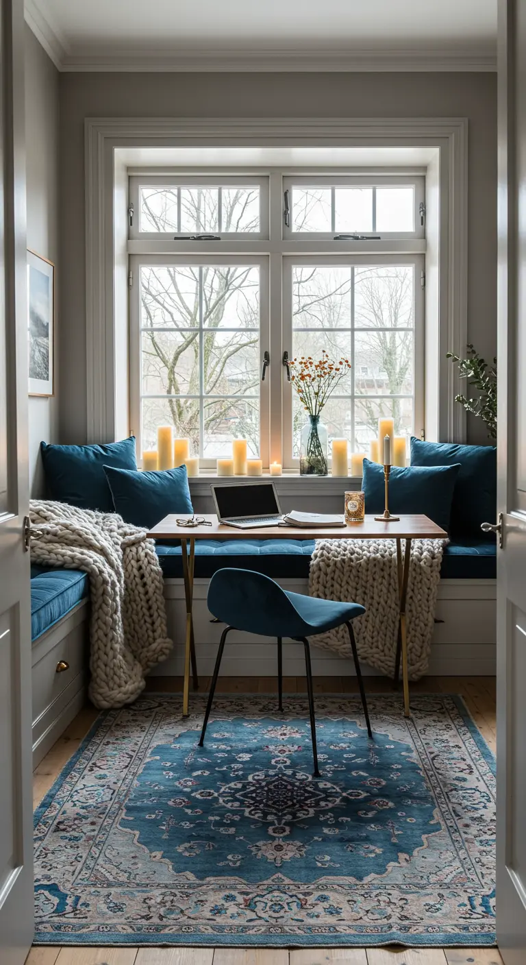 Bureau devant une fenêtre avec banquette bleu canard, plaid chunky et bougies.