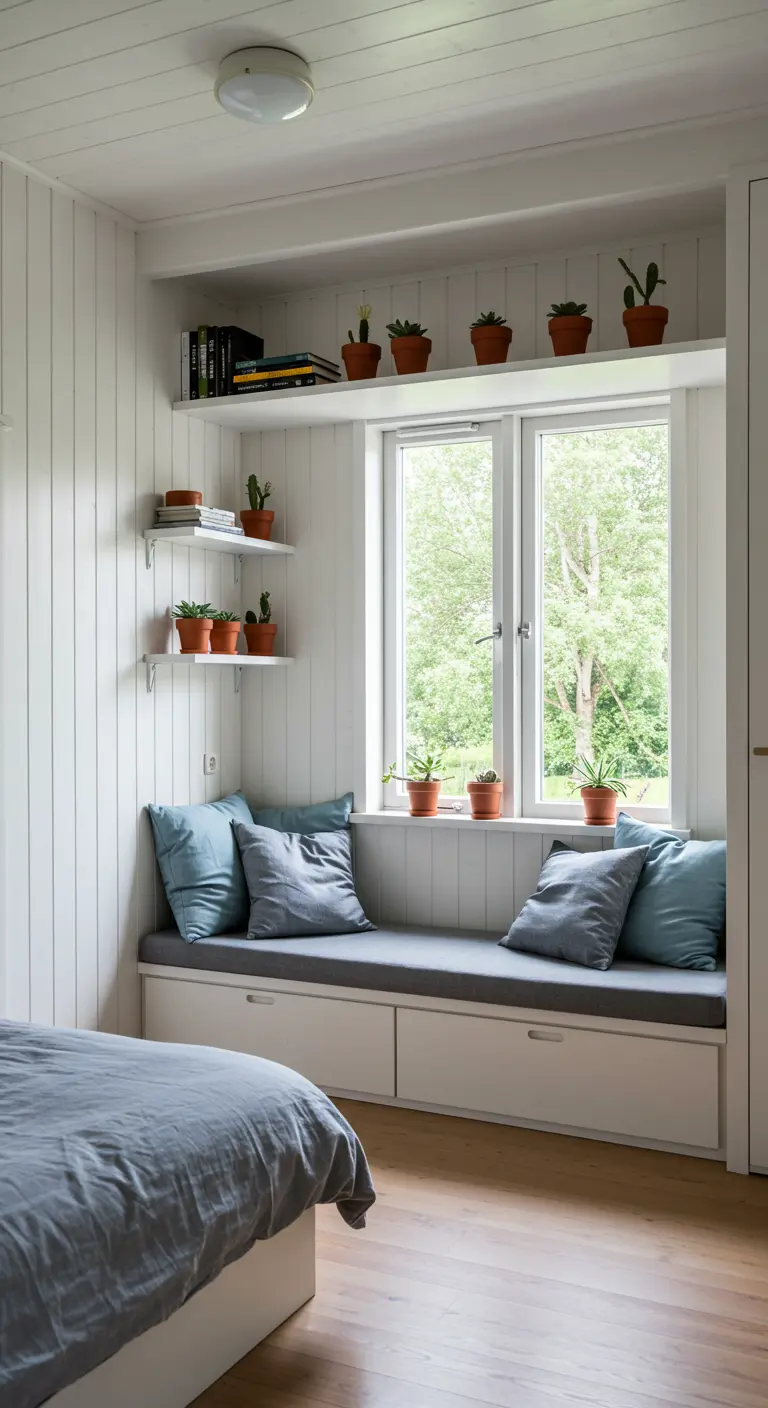Banc de fenêtre avec tiroirs de rangement, coussins bleus et petites plantes en pot.