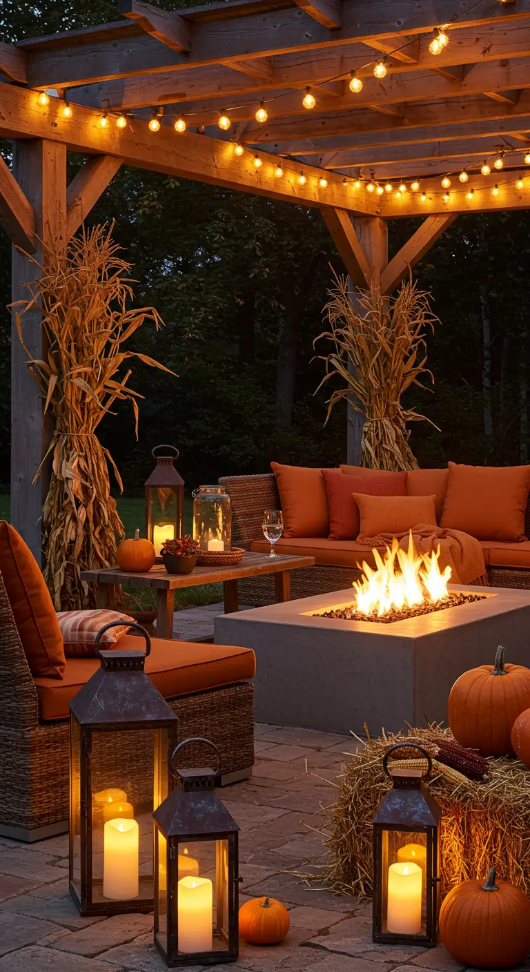 Patio d'automne avec brasero, bottes de foin, citrouilles et guirlandes lumineuses suspendues.