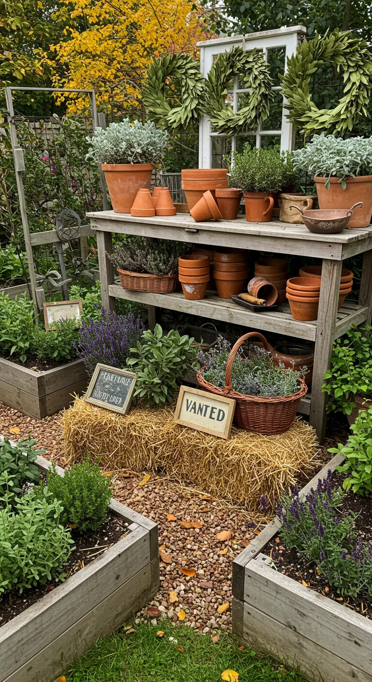 Table de rempotage avec pots en terre cuite, herbes, bottes de paille, panier en osier et couronnes de feuilles.