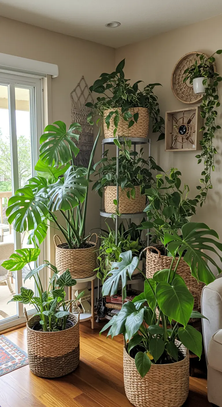 Coin d'un salon rempli de nombreuses plantes vertes dans des paniers en osier.