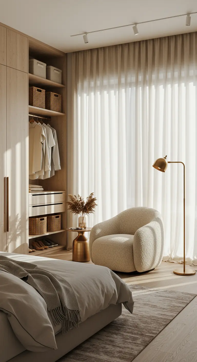 Fauteuil bouclette blanc près d'une fenêtre avec voilages, à côté d'un dressing ouvert.