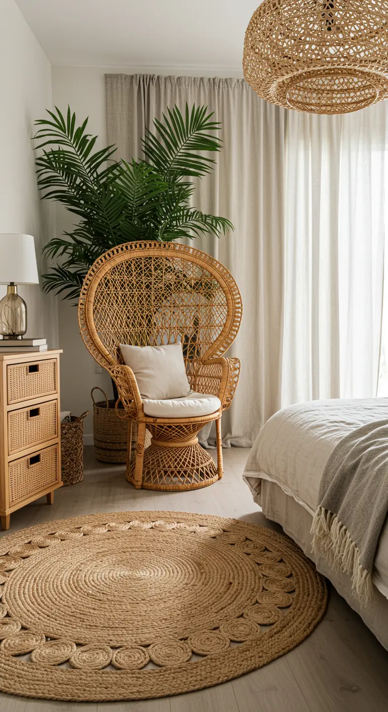 Coin lecture avec un grand fauteuil Paon en rotin, un palmier et un tapis en jute.
