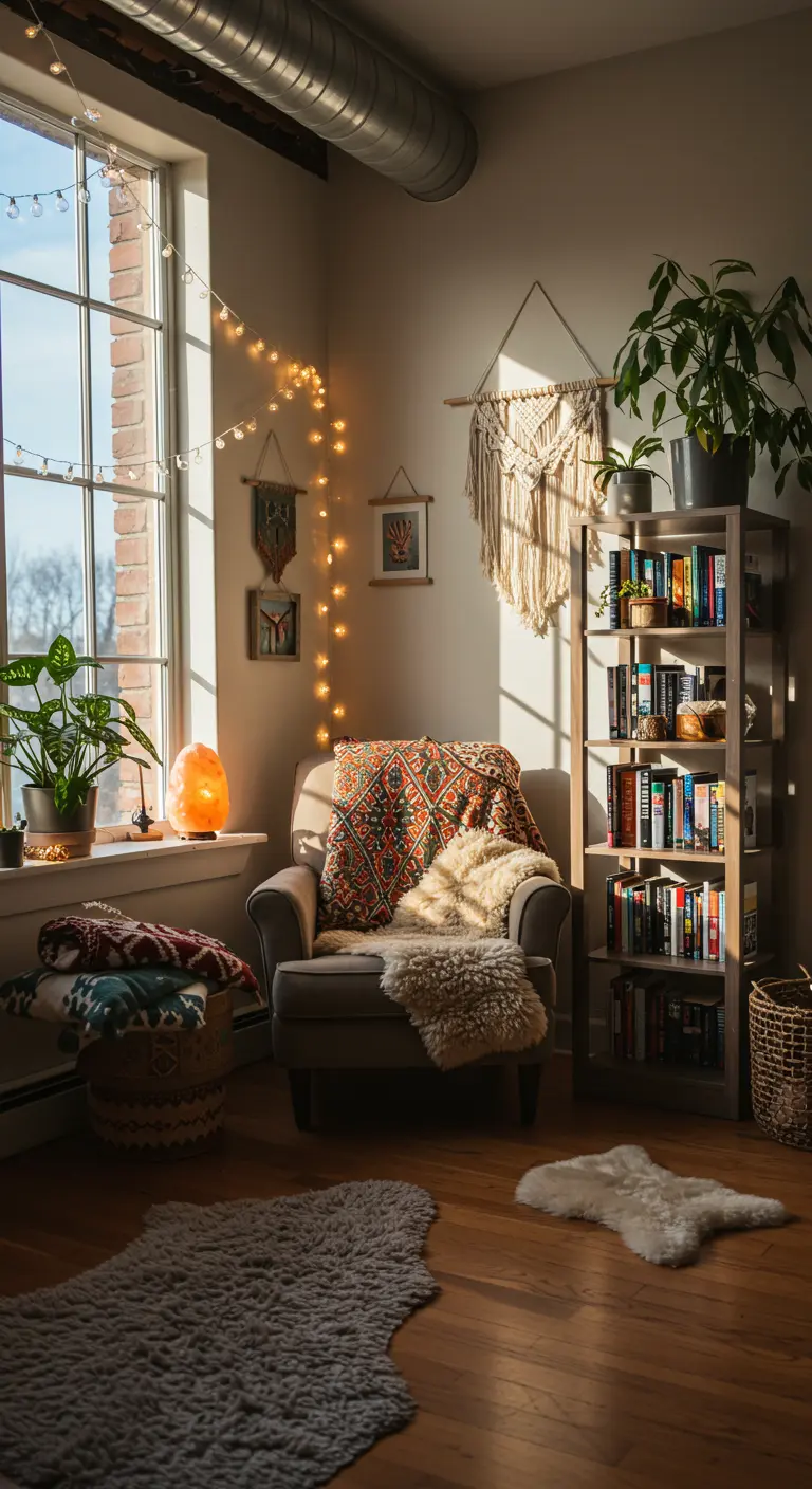 Coin lecture cosy avec guirlandes lumineuses, fauteuil moelleux et lampe de sel rose