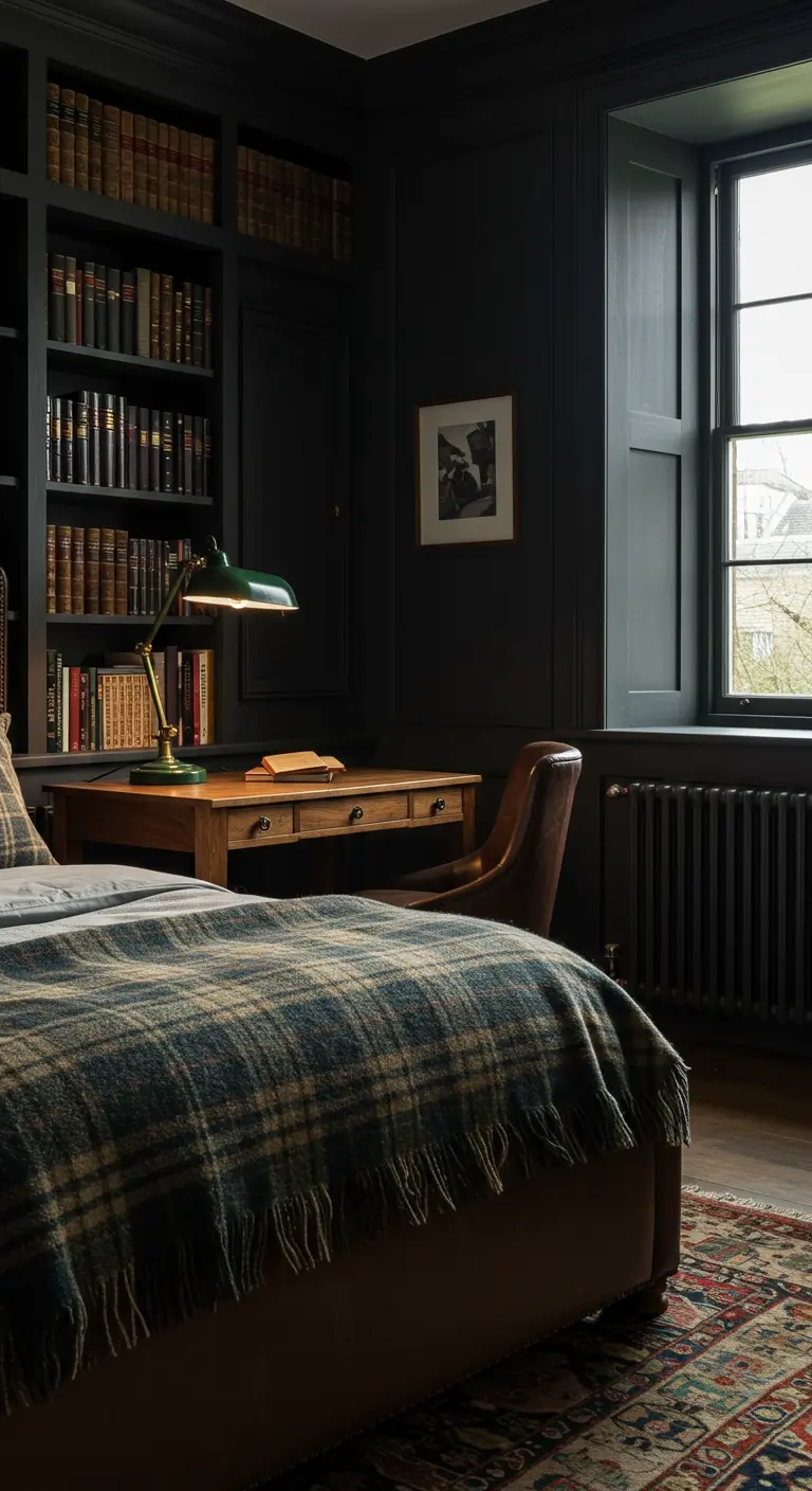 Chambre sombre avec bibliothèque intégrée, bureau en bois et plaid écossais.
