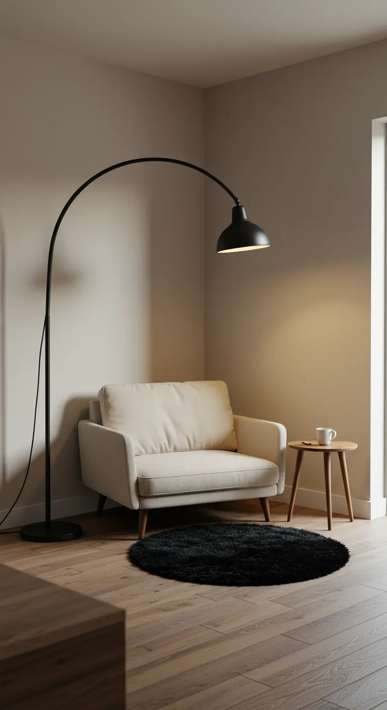 Coin lecture avec un fauteuil beige, un lampadaire arc noir et un petit tapis noir rond.