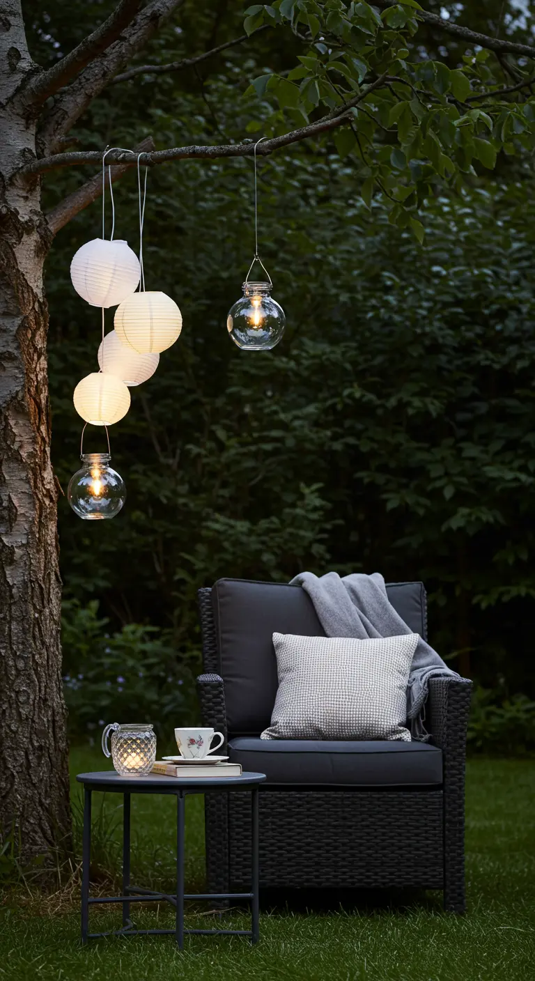 Fauteuil en rotin sous un arbre, avec lampions blancs et boules lumineuses suspendues.