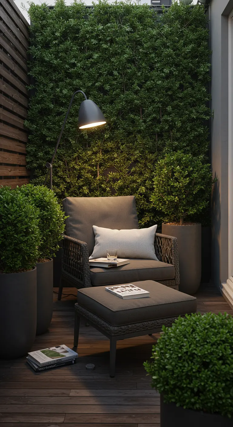 Fauteuil confortable avec lampadaire et plantes en pot sur une terrasse en bois la nuit.