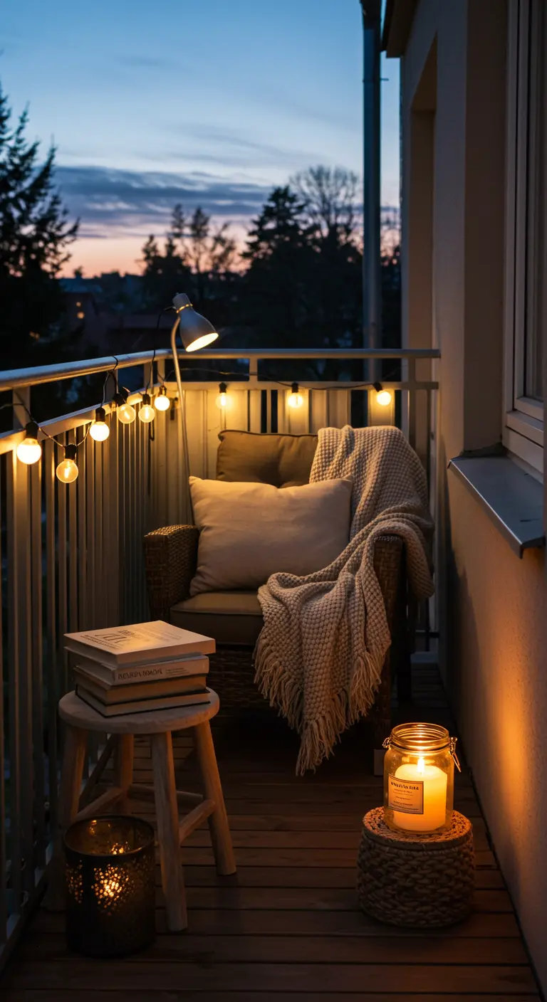 Coin lecture sur un balcon avec fauteuil, plaid, tabouret avec des livres et une bougie.