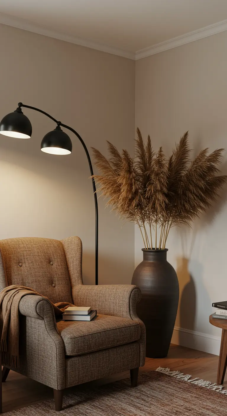 Fauteuil confortable à côté d'un grand vase de sol rempli d'herbe de la pampa.