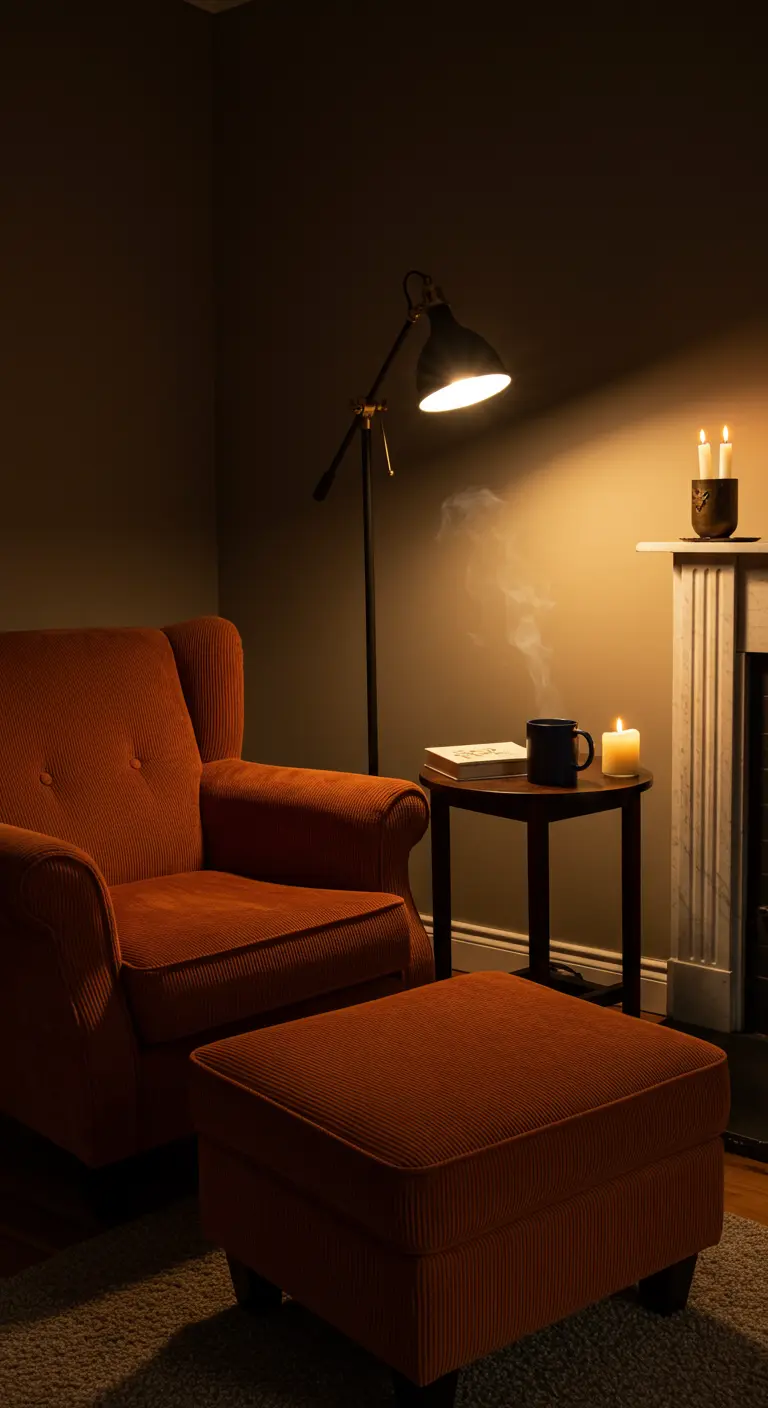 Coin lecture avec un fauteuil en velours côtelé terracotta et une tasse fumante.